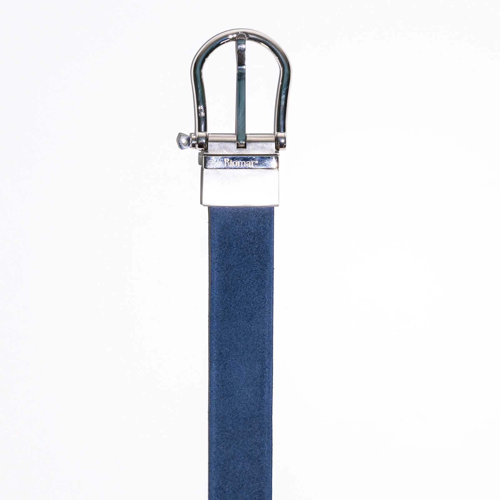 Roccobarocco navy blue suede designer logo belt Riomar Reversible Belt: Blue Marlin / Navy Suede – Riomar Shoes main image 2