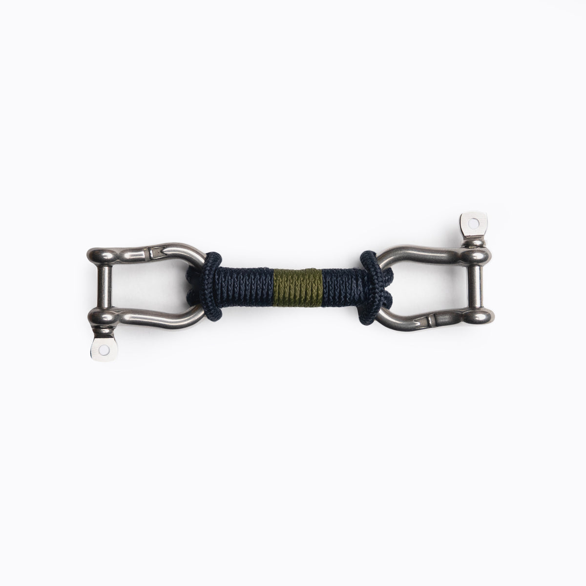 Channel Marker bearing: navy rope with an olive green center band, hand-tied between stainless steel shackles