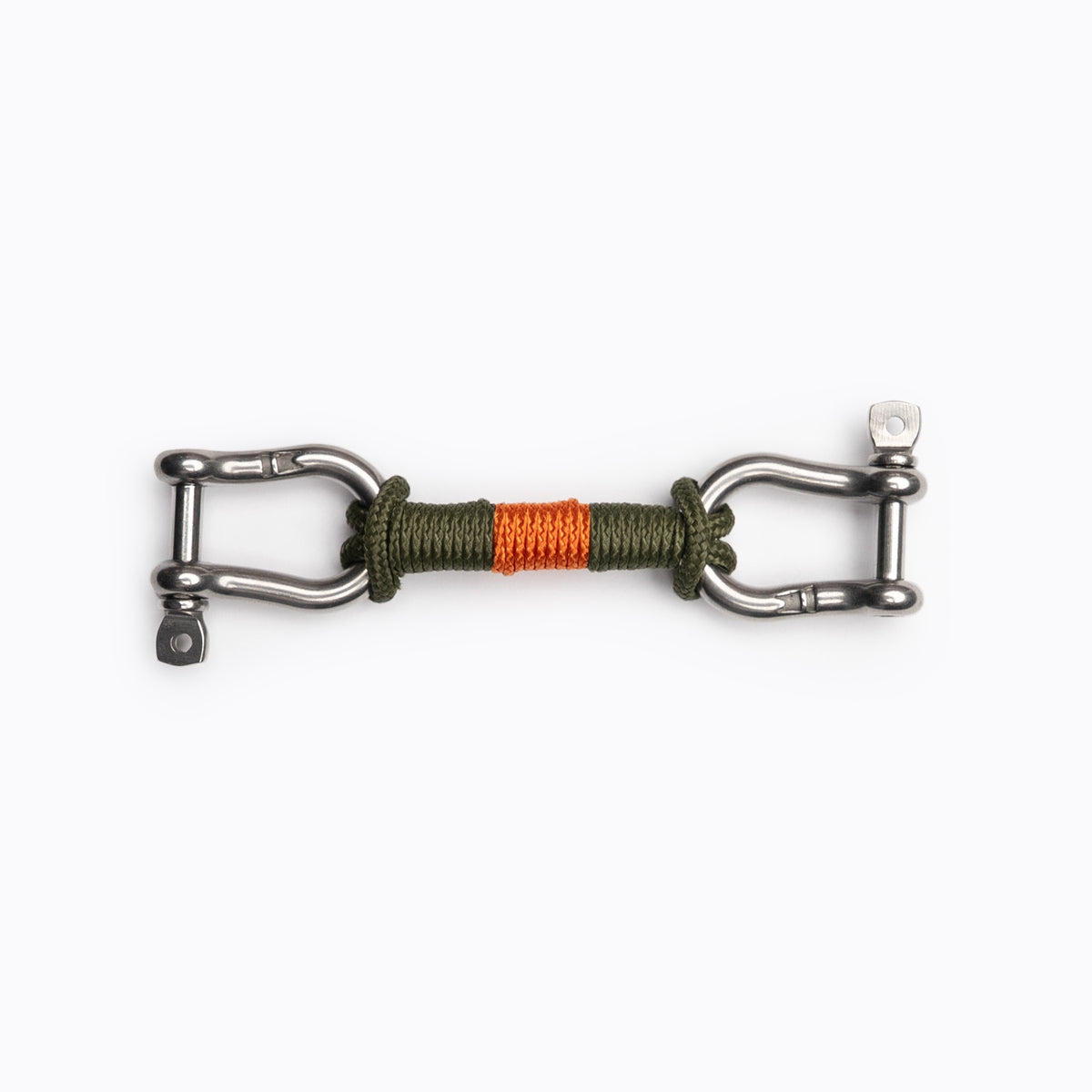 Duck Blind bearing: olive green rope with an orange center stripe, hand-tied between stainless steel shackles